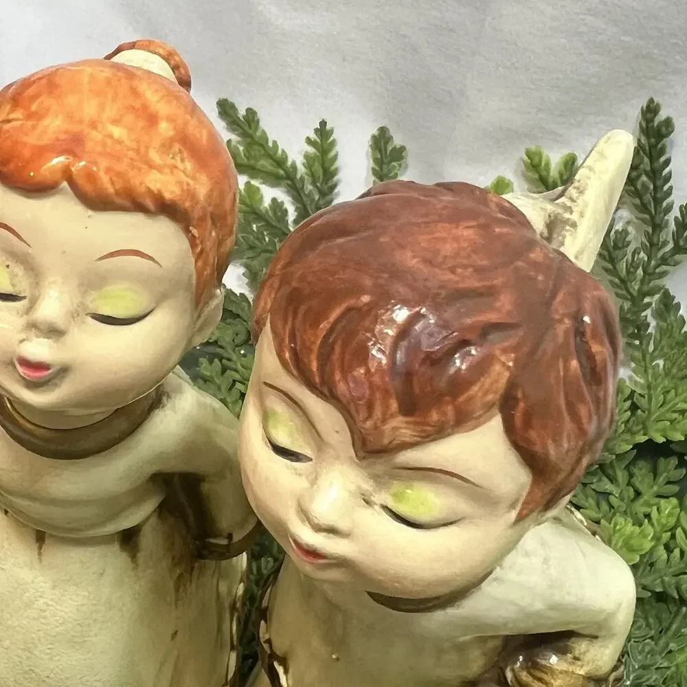 Vintage Mid Century Kissing Angels Choir Musicians Violin Christmas Set of 2